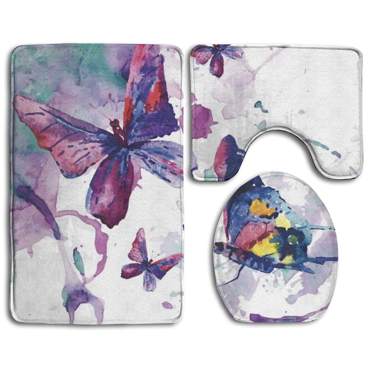 GOHAO Watercolor Effect Butterfly 3 Piece Bathroom Rugs Set Bath Rug