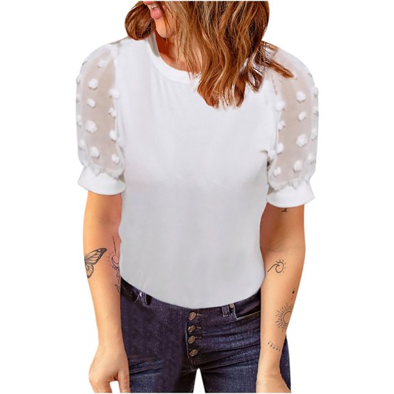 YYDGH Womens Summer Tops Crew Neck T Shirts Swiss Dot Puff Short Sleeve Tops Loose Casual Blouses White S