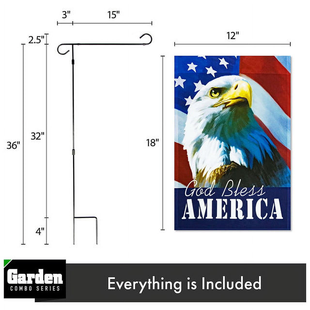 G128 Combo Pack: Garden Flag Stand Black 36x16IN & Garden Flag God Bless America USA Flag with Eagle 12x18IN
