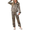 thumbnail image 4 of INSPIRE CHIC Womens Satin Pajama Set Silky Long Sleeve Button Down Striped Leopard Sleepwear with Pocket S Brown Leopard, 4 of 5