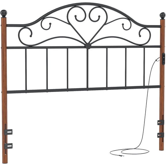 Yoneston Vintage Metal Queen Headboard with Charging and 3-Level Height Adjustment for Queen Adult Bed, Black