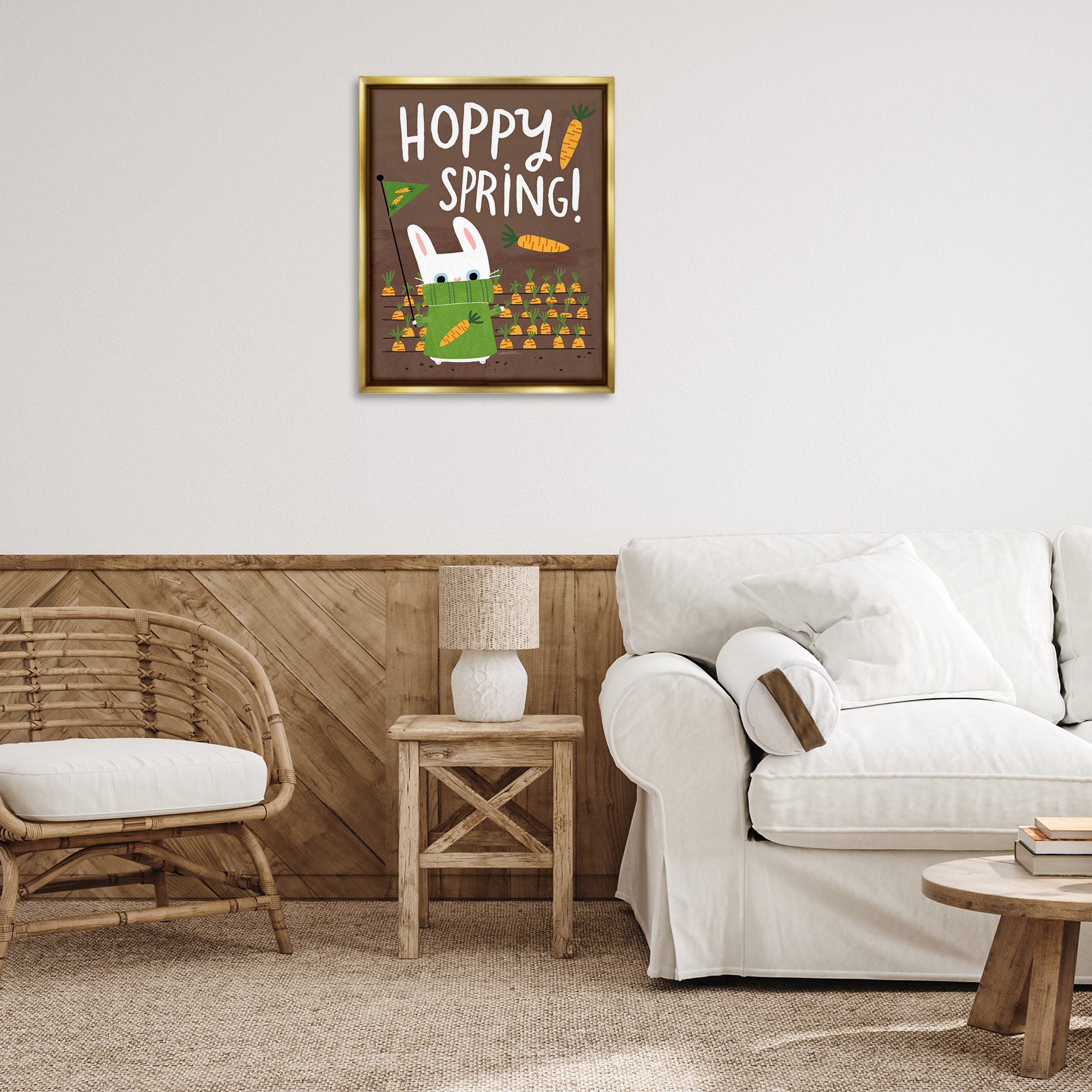 Stupell Industries Happy Spring Bunny & Carrots Animals Painting Gold Floater Framed Canvas Art Print Wall Art, 25 x 31