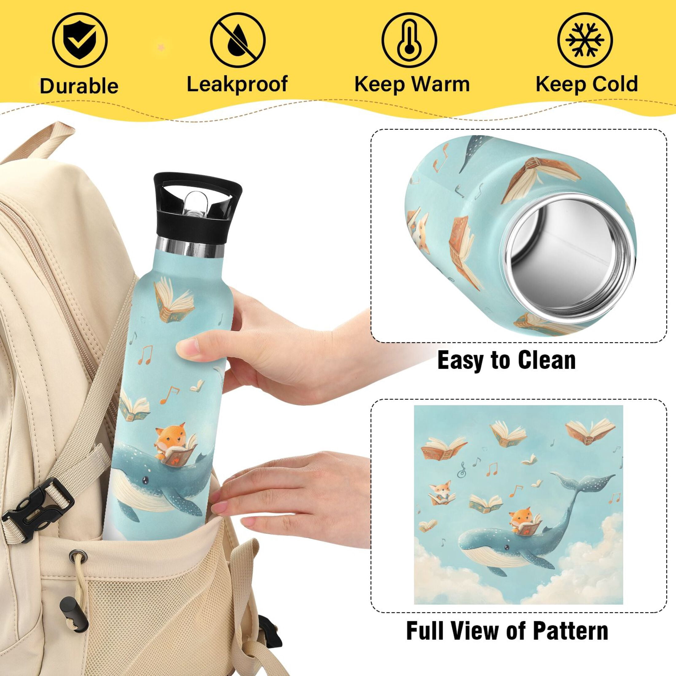 Kids Insulated Stainless Steel Sports Water Bottle 600ml (20oz) Fox and Whale Carrying Books