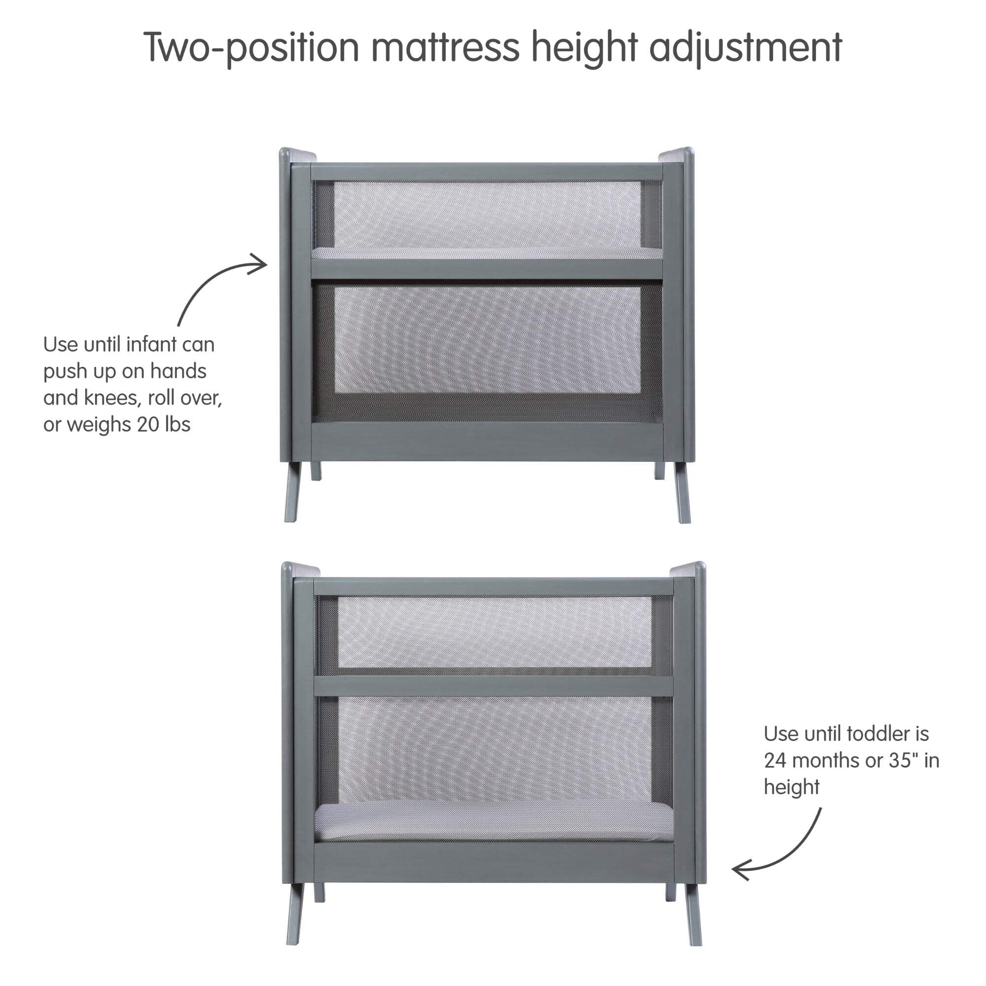 BreathableBaby 2-in-1 Breathable Mesh Mini Crib with Mattress, Gray, Greenguard Gold Certified