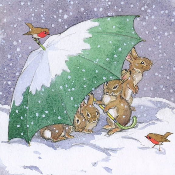 Notes & Queries Rabbits Sheltered by Green Umbrella Package of 8 Christmas Cards