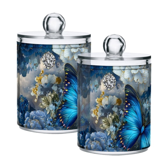 Blue Flowers Butterflies Clouds Crystals Translucent Plastic Cans Storage Canisters with Lid Set of 2