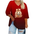 thumbnail image 2 of Tops for Women Plus Size Halloween Printed V-neck 3/4 Sleeve T-shirt Plus Loose Top,Womens Blouse Red, 2 of 4