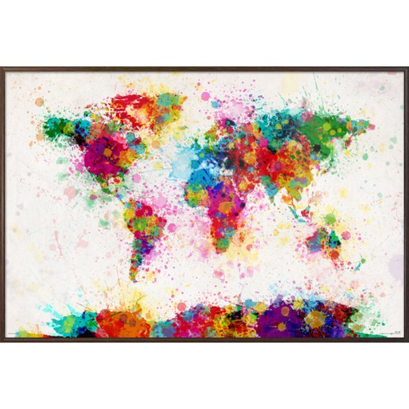 Map Of The World - Framed Pop-Art Poster / Print (Paint Drop World Map) (By Michael Tompsett) (Size: 36" x 24")