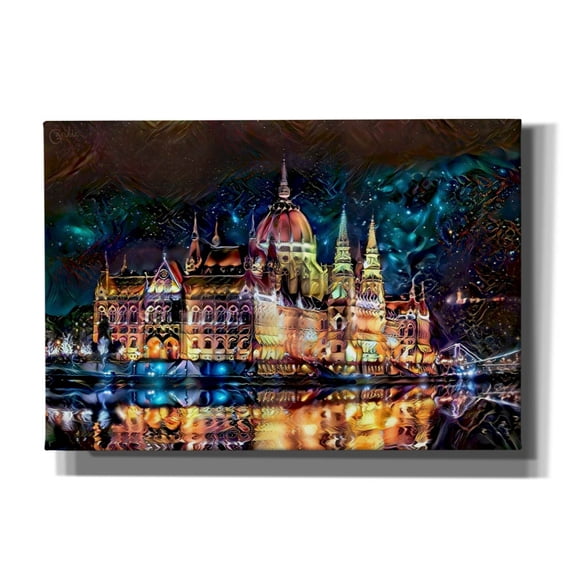 Epic Graffiti 'Budapest Hungary Parliament At Night' by Pedro Gavidia, Canvas Wall Art, 26"x18"