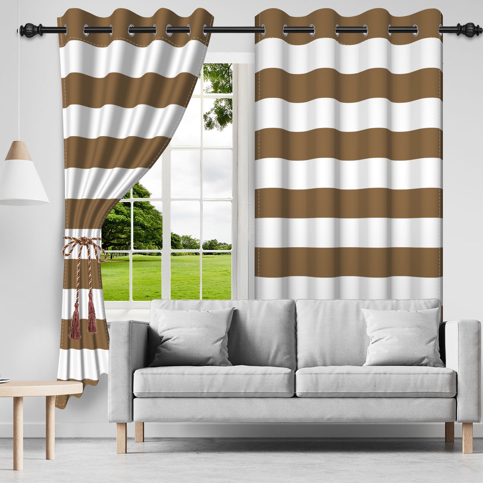 Nanqianyi Brown Striped Blackout Curtains Panel Pair, 42"x84", Grommet Top Thermal Insulated Drapes for Bedroom Living Room
