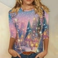 thumbnail image 2 of asdoklhq Christmas Womens Sweater Women Shiny Colorful Christmas Print Three Quarter Sleeve 3/4 Round Neck Top Short Sleeved Round Neck Top/shirt Multicolor M, 2 of 5