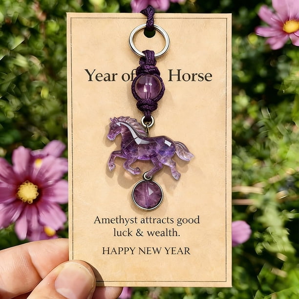 Tarjeta De Abrazo Llavero de caballo de cristal de amatista con amuleto de la suerte (1 unidad) JASKFLY