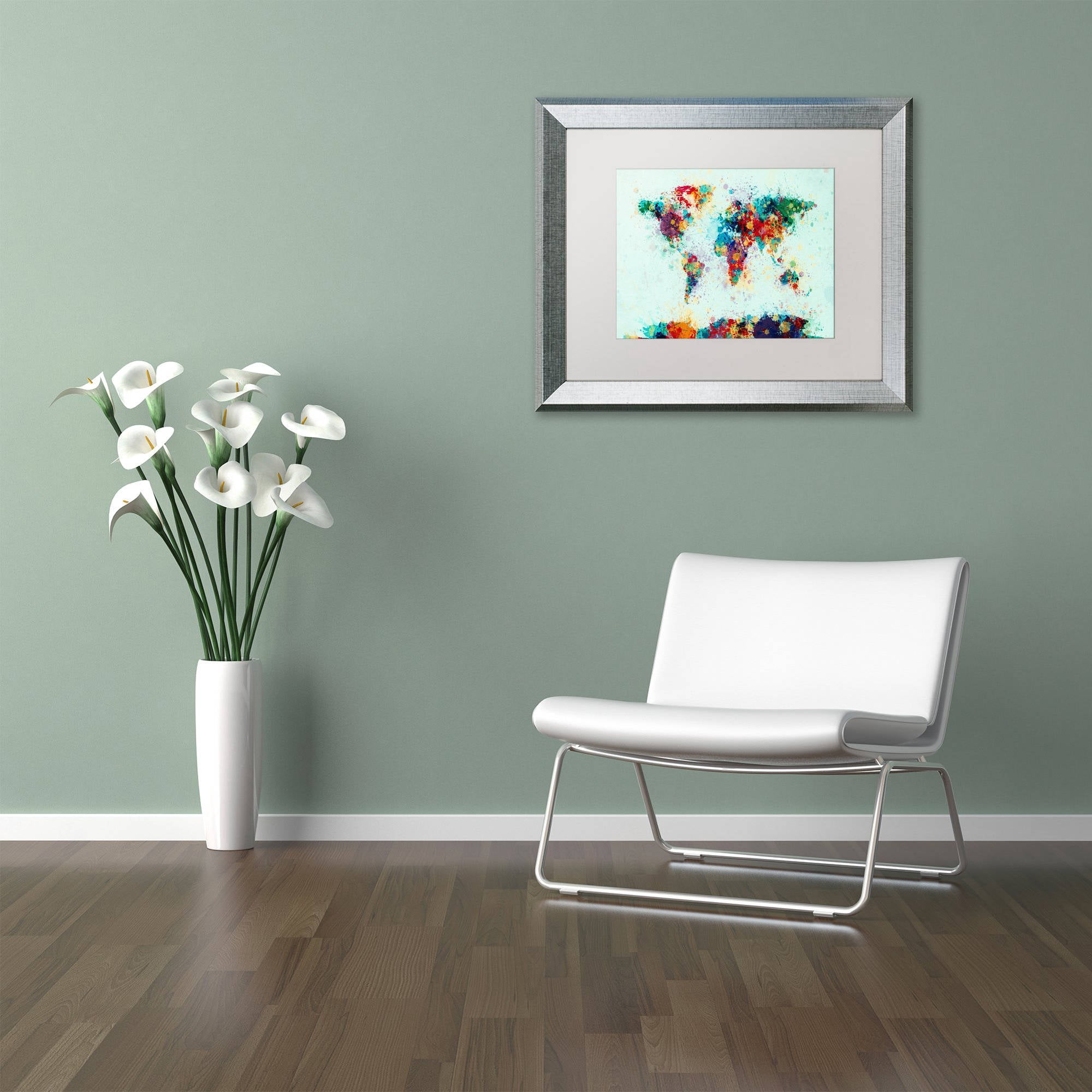 Trademark Fine Art "World Map Paint Splashes" Canvas Art by Michael Tompsett, White Matte, Silver Frame