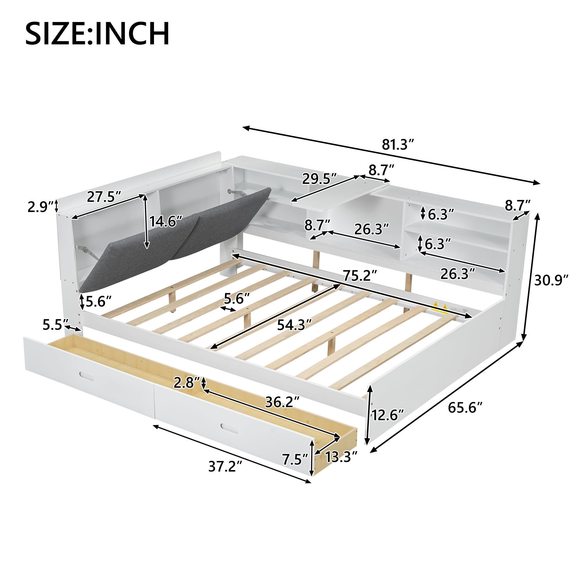 Euroco Wood Full Size Platform Bed with Storage Headboard and Drawers, Movable Shelves, White