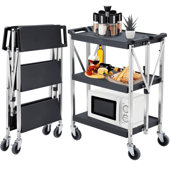 Garvee Chariot Utilitaire Pliable à 3 Niveaux en Métal, Capacité de 330 lb, 26,7 Pouces x 16,1 Pouces x 36 Pouces, Noir