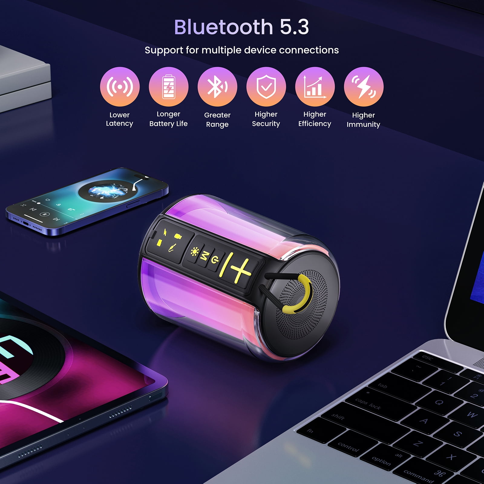 AUOSHI Portable Bluetooth Speaker,  18H Playing Time Wireless Speaker with LED Party Lights, TWS Wireless 5.3 Bluetooth Speaker with AUX, TF, for Laptop, Phone, MP3, Black  (图4)