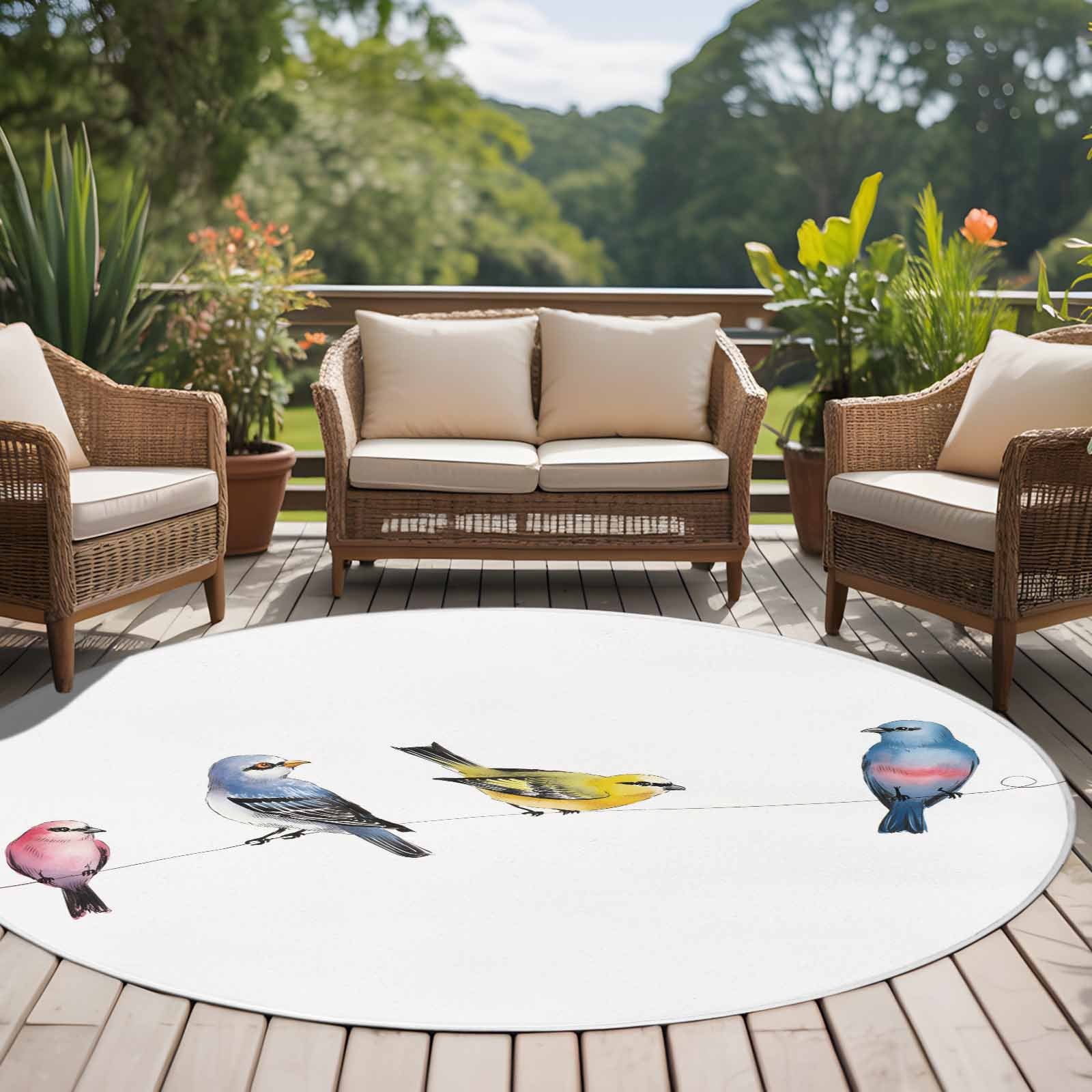 Watercolor Birds Round Area Rug 6Ft Washable Circle Rugs for Bathroom Office, Spring Animal Rustic Non-Slip Carpet Floor Mats Indoor Outdoor Carpet Runner Aesthetic Home Decor
