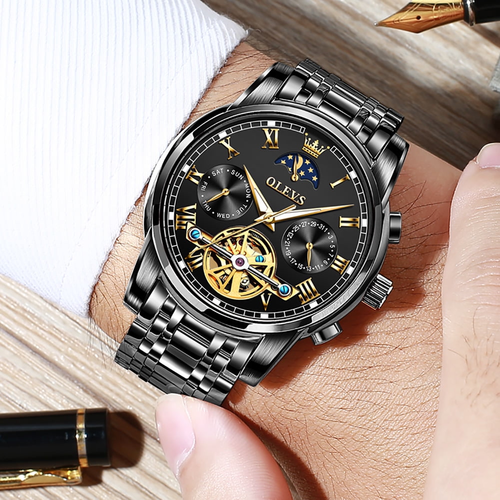 OLEVS Automatic Watches for Mens Skeleton Mechanical Self Winding Chronograph Calendar Classic Dress Moon Phase Multifunction Mens Wrist Watches Luminous Waterproof Stainless Steel Reloj Para Hombre