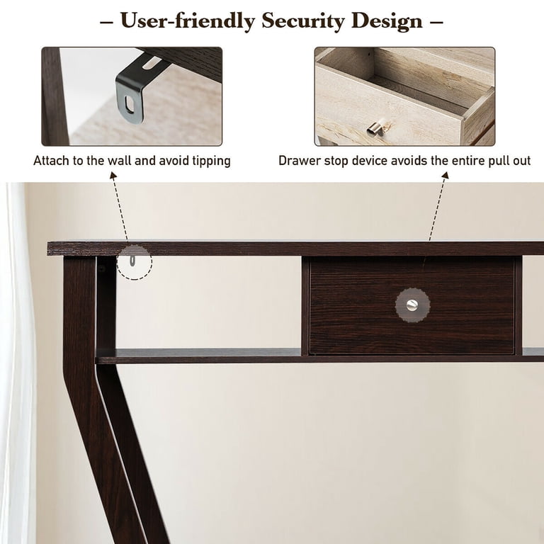 Costway Modern Console Table with Drawer and Shelves, Brown photo 7