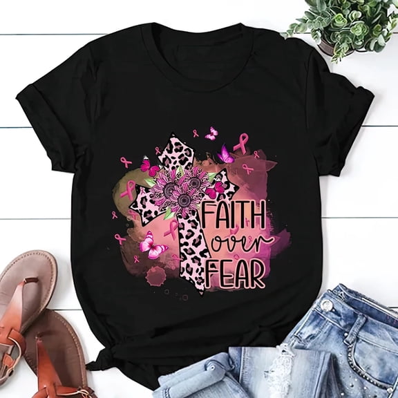 100% Cotton Fashion Faith Over Fear Breast Cancer Awareness Print T Shirts Women Summer Cool Short Sleeve Ladies Crew Neck Harajuku Tops For Teens Golf Gift T-Shirt For Men and Women