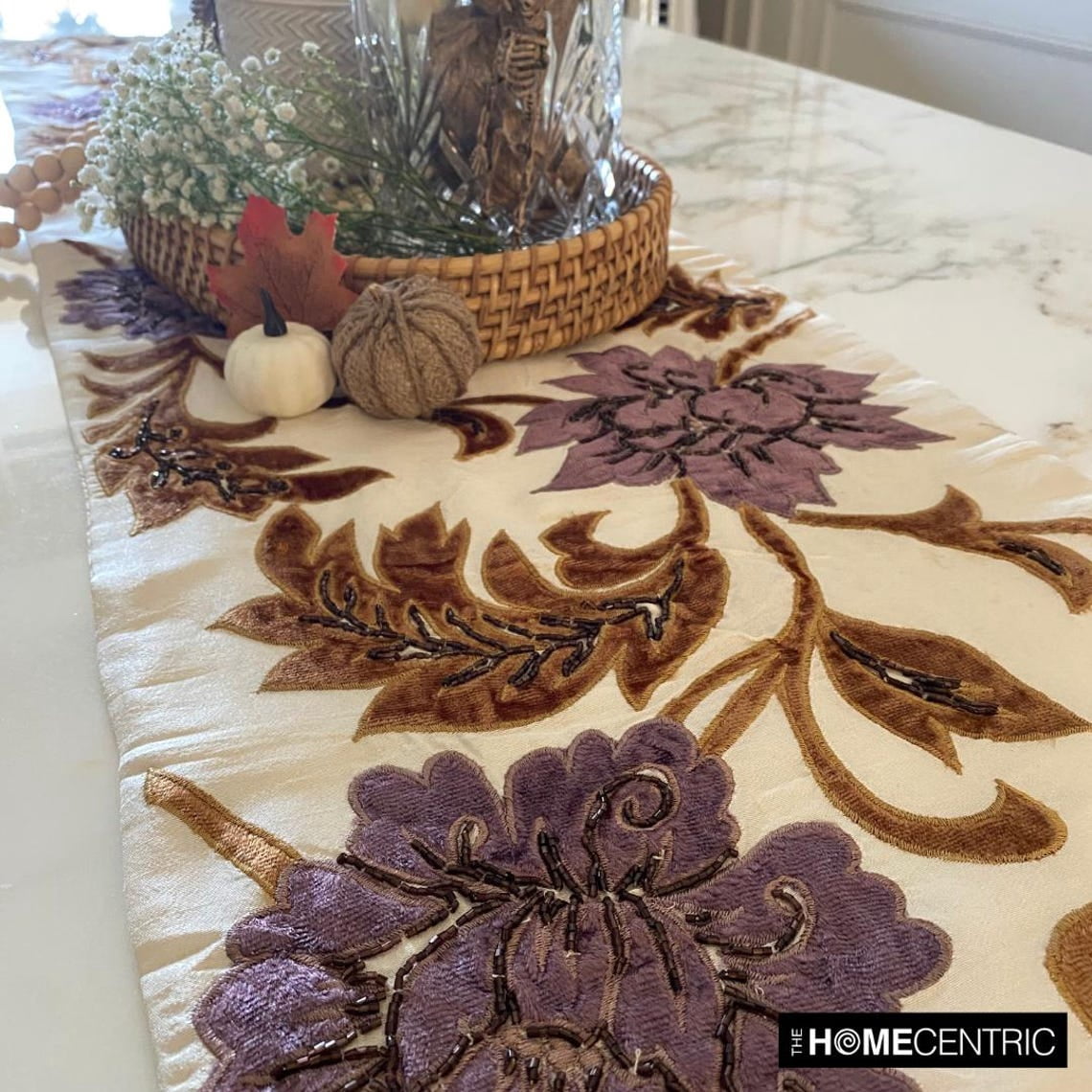 Decorative Table Runner Ivory, Gold, Purple, 14 inch wide x 90 inch long Silk Beaded Table Runner Ivory Blossoms Applique Velvet Embroidered Elegant Modern - Brown Floral