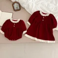 thumbnail image 3 of Ropa de primavera para nuevas hermanas, Body de encaje con cuello con volantes para niñas, vestido de princesa con mangas abullonadas de encaje rojo, ropa de Año Nuevo, 3 of 6