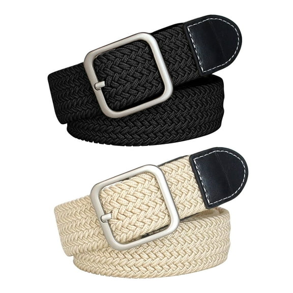 Wowstyle 2Pcs Women Braided Elastic Stretch Belt Leather Tipped End and Silver Metal Buckle Woven Elastic Stretch Belts for Women Dress Metal Buckle