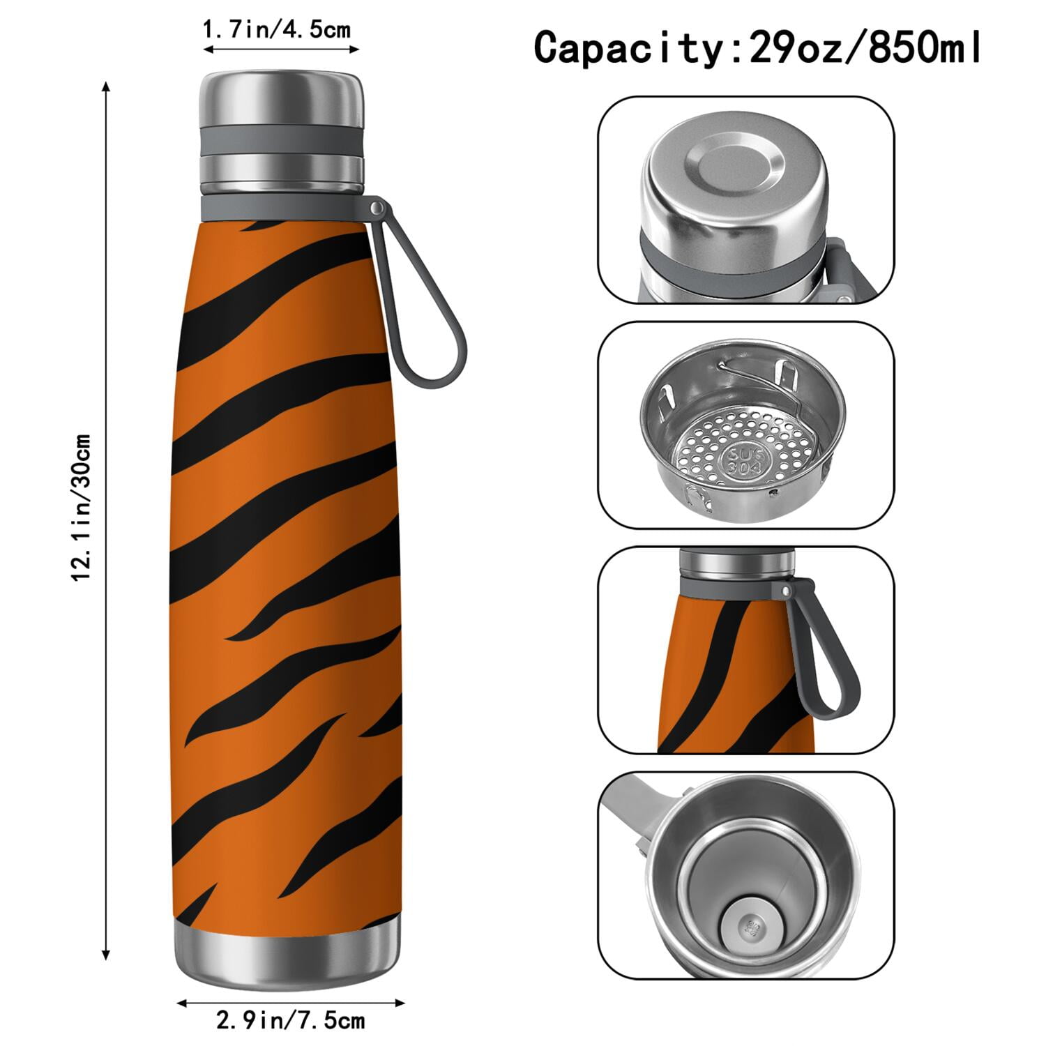 29oz Insulated Water Bottle with Tea Infuser, Stainless Steel Travel Mug, Animal Leopard Print