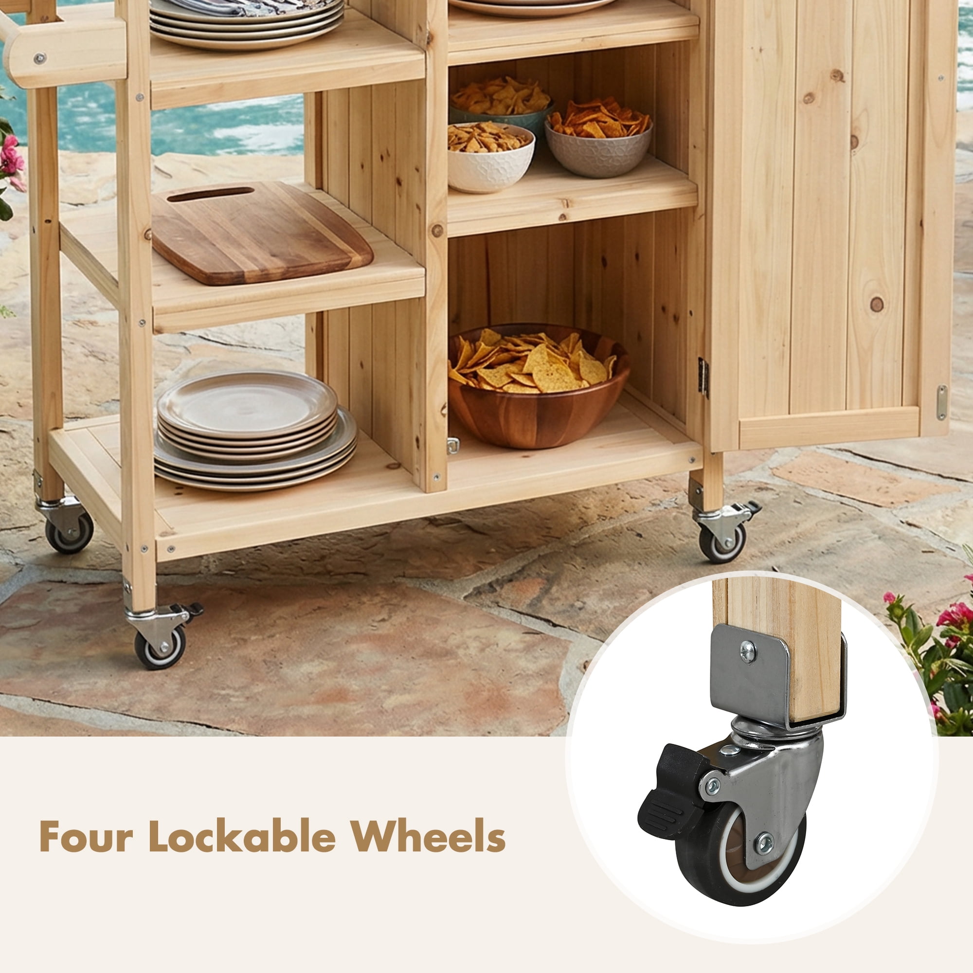 Foldable Outdoor Kitchen Island Patio Kitchen Island Outdoor Kitchen Cart Portable Prep Station with Lockable Wheels, Storage Cabinet and Towel Rack for Patio and Outdoor, Natural
