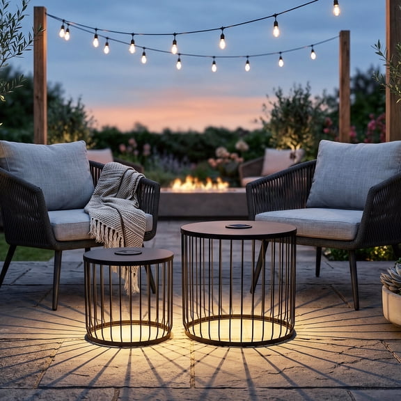 2-Pack Solar Powered Nesting Side Table Set, Modern Round End Tables with Solar LED Lights, Metal Wire Cage Accent Tables, Indoor/Outdoor Patio Nightstand for Living Room, Balcony, Garden