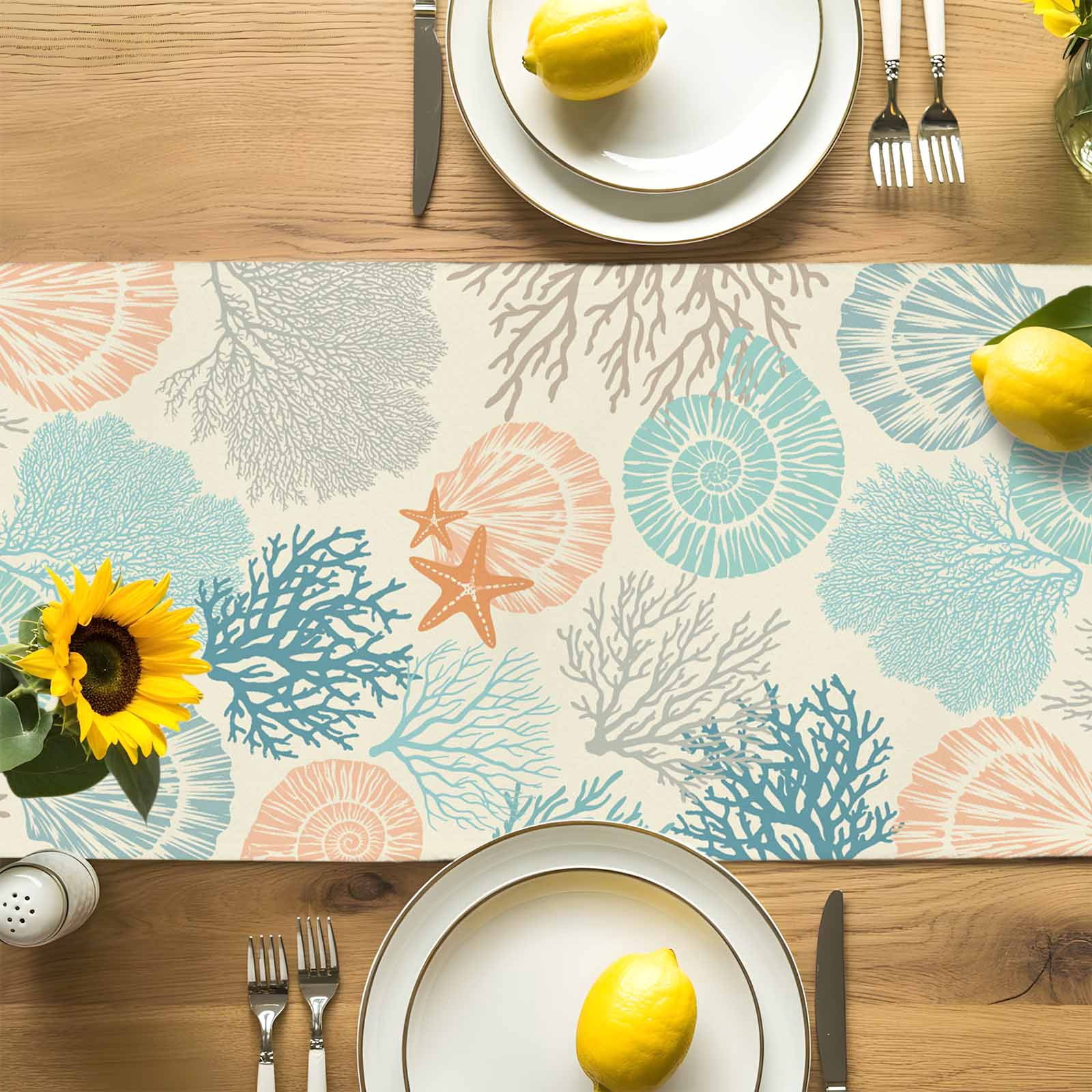 Ocean Coral Shell Conch Starfish Table Runner 90 Inches Long, Retro Underwater World Table Runners Tabletop Scarf Kitchen Dining Tables Decoration for Home Party Indoor Outdoor