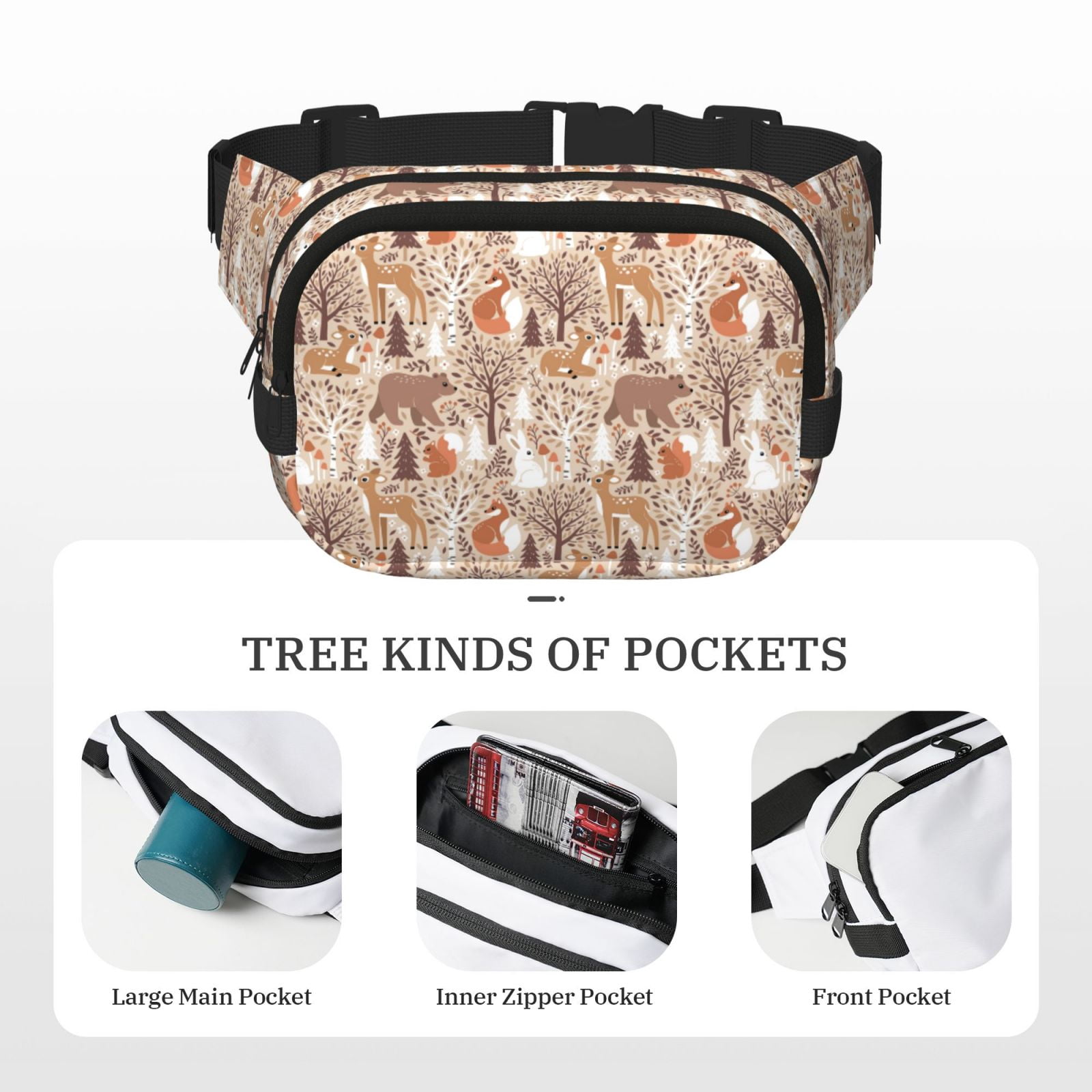 Hirioo Woodland Animals in Neutral Tones for Double Layer Waist Bag Adjustable Fanny Pack For Travel Running Hiking