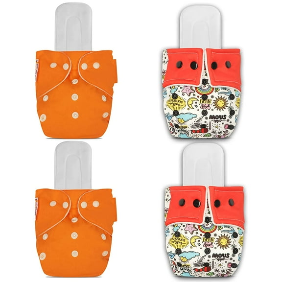 IMPROVUS 100% Cloth Diapers for Babies (0-3 Years), Reusable, Washable & Adjustable Nappies Snap Buttons and Wet-Free Insert Pads (Orange & Red with MC pack of 4 cloth diaper and 3 insert pads)