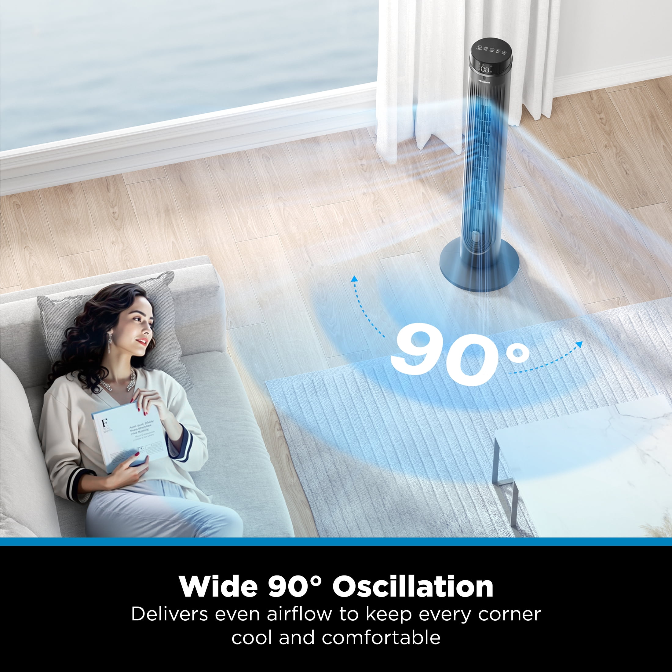 PELONIS 42-Inch Quiet Oscillating Tower Fan with Remote Control, 5 Speeds, 4 Modes, Digital Timer, Indoor Cooling, Black