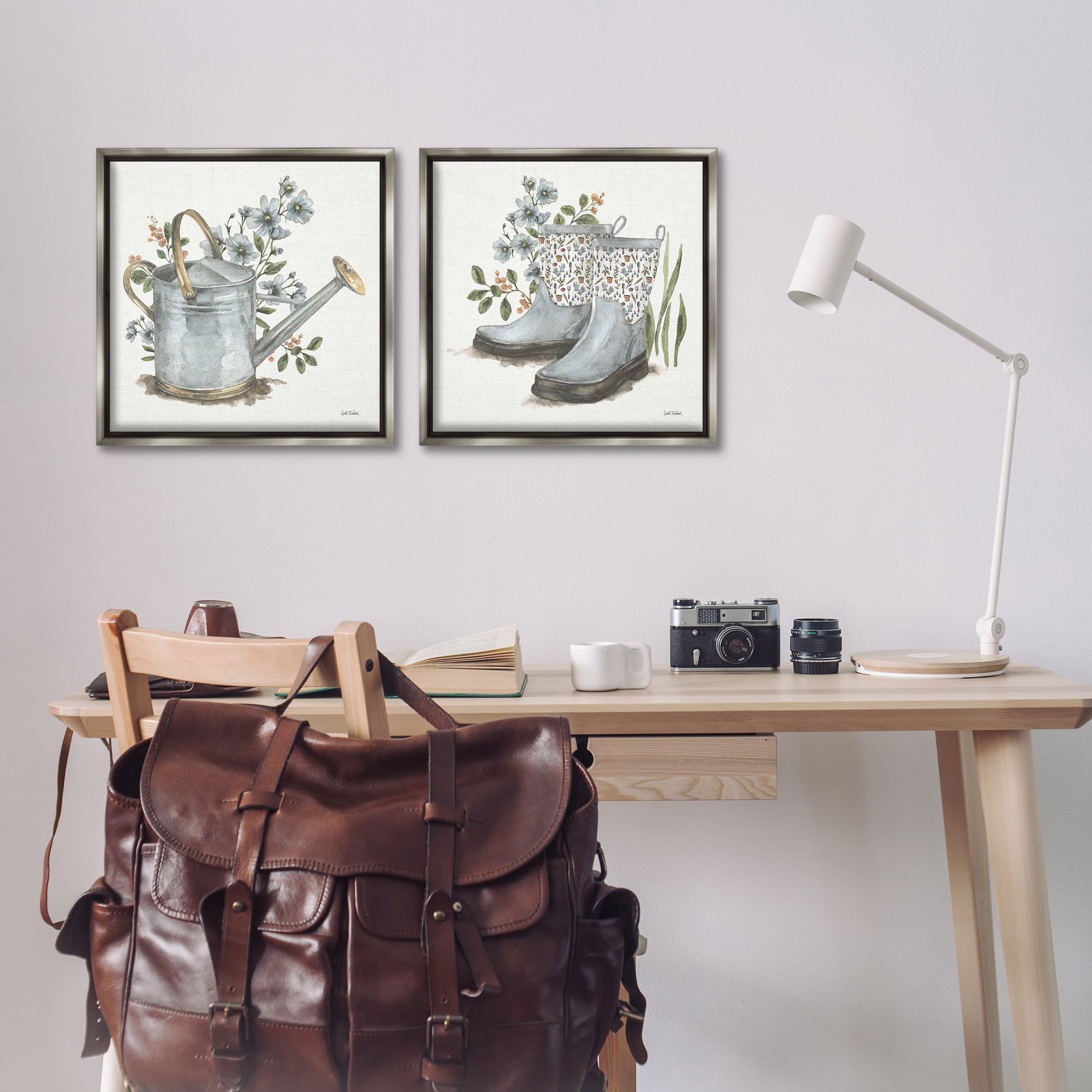 Stupell Industries Floral Watering Can Gardening Boots Plants & Flowers Painting Gray Floater Framed Canvas Art Print Wall Art, 18 x 18, Set of 2