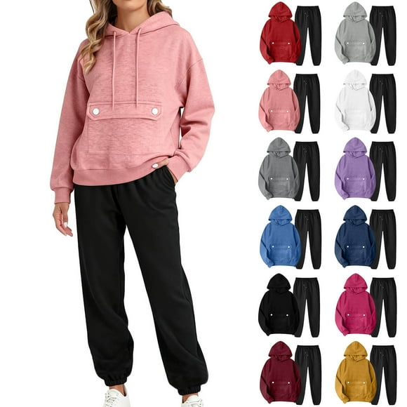 Sentmoon Airport Outfits for Women 2025 Sweatshirts for Women Trendy Clothes Women Fashion Round-Neck Long Sleeve Pocket Hooded Sweatshirt Sweat Pants Casual Suit Sets Fall and Winter