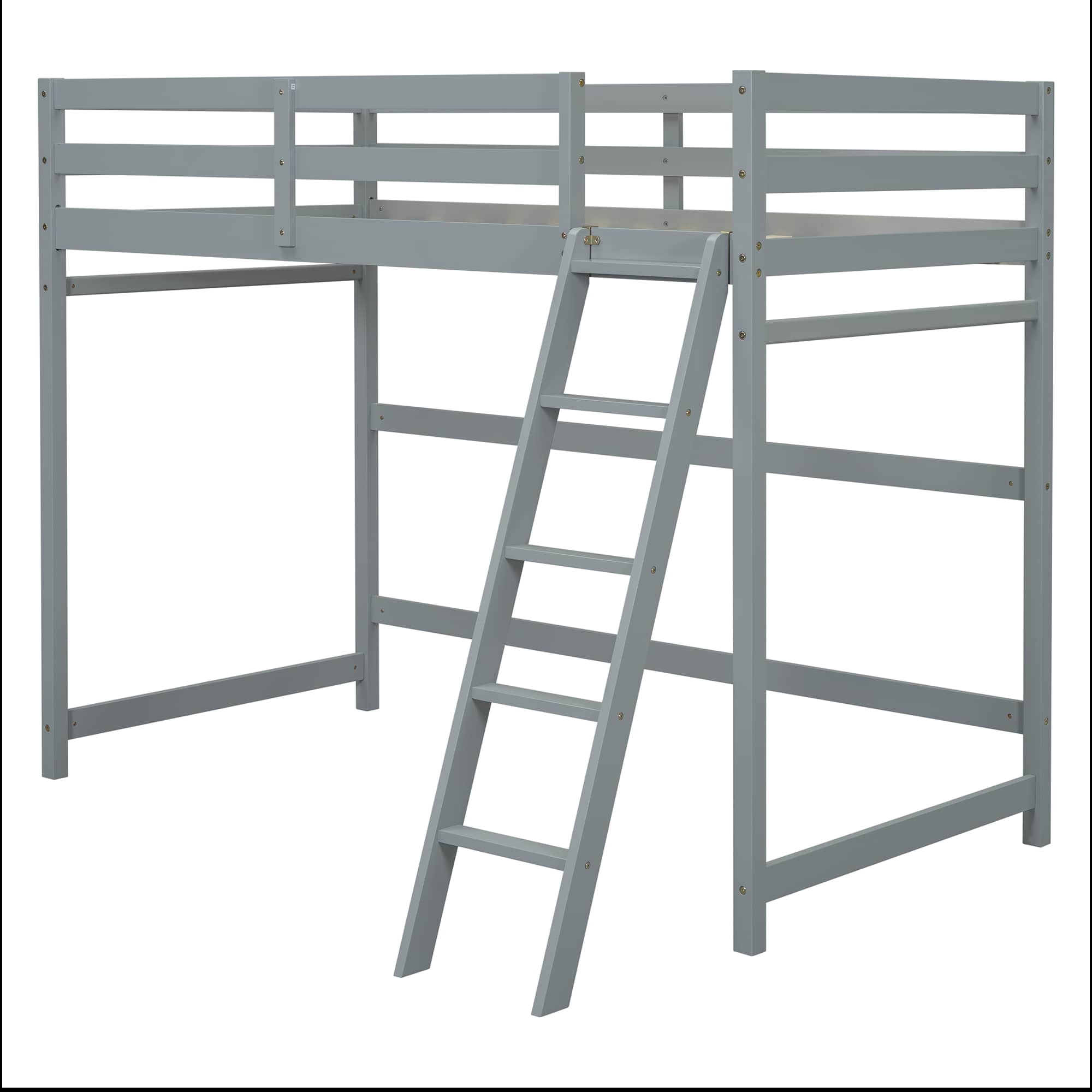 MAYEERTY Twin Size Loft Bed with Inclined Ladder, Guardrails, Grey