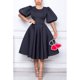 thumbnail image 2 of Vestido informal negro de talla grande para mujer, cuello redondo, manga abullonada, línea A, cuello redondo, corte ajustado, Midi, vestido Formal, 2 of 6