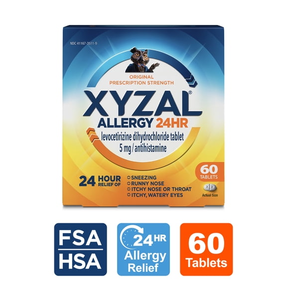 Xyzal 24 Hour Allergy Relief Medicine, Original Prescription Strength Antihistamine, Levocetirizine Dihydrochloride Tablets, 5 mg, 60 Count
