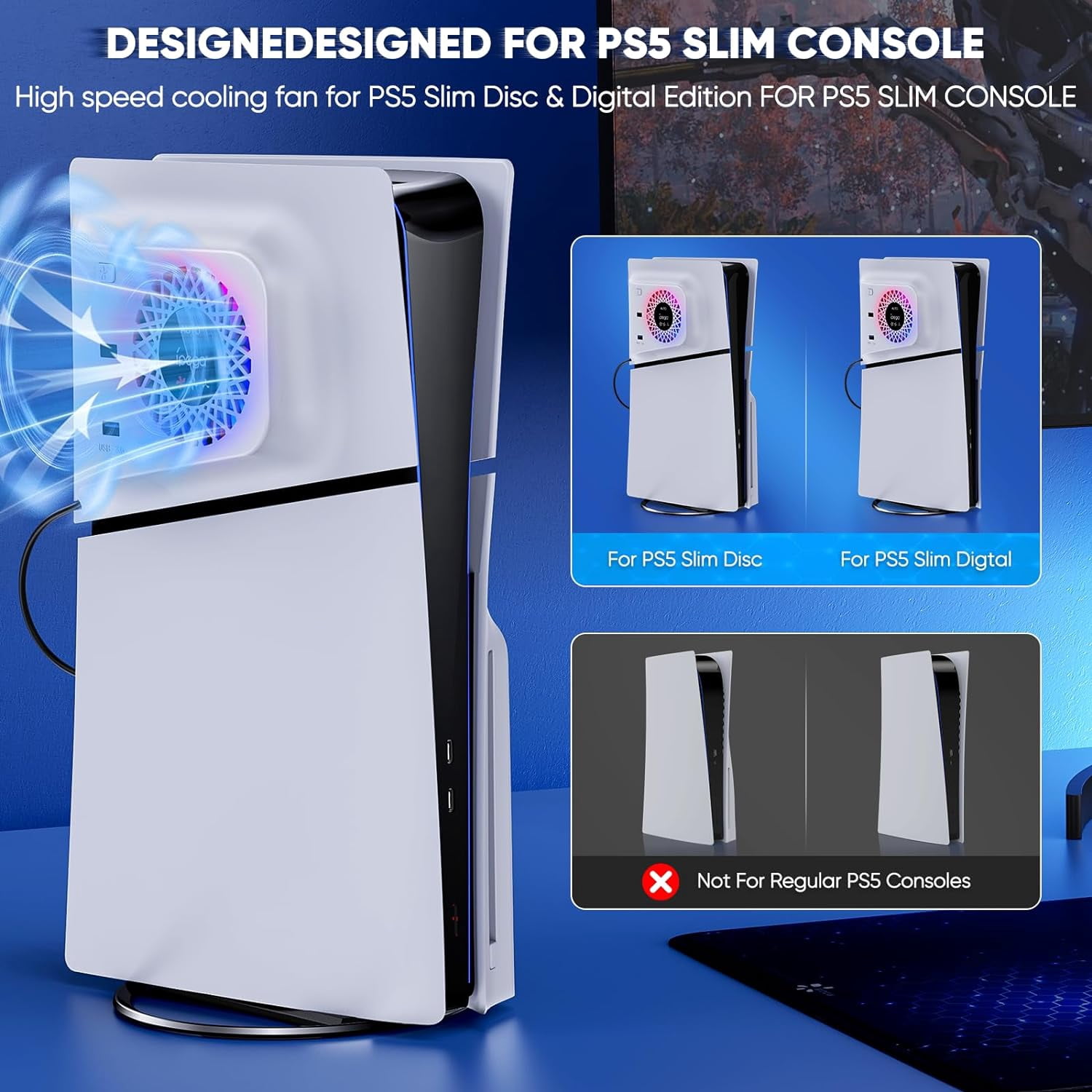 Prociv RGB Cooling Fan with Plate Cover for PS5 Slim Digital/Disc, Auto Speed Adjustable by Temperature Sensor, 3 Fan Speed Manual & USB3.0 Hubs, Cooler System Accessories for PS5 Slim Console
