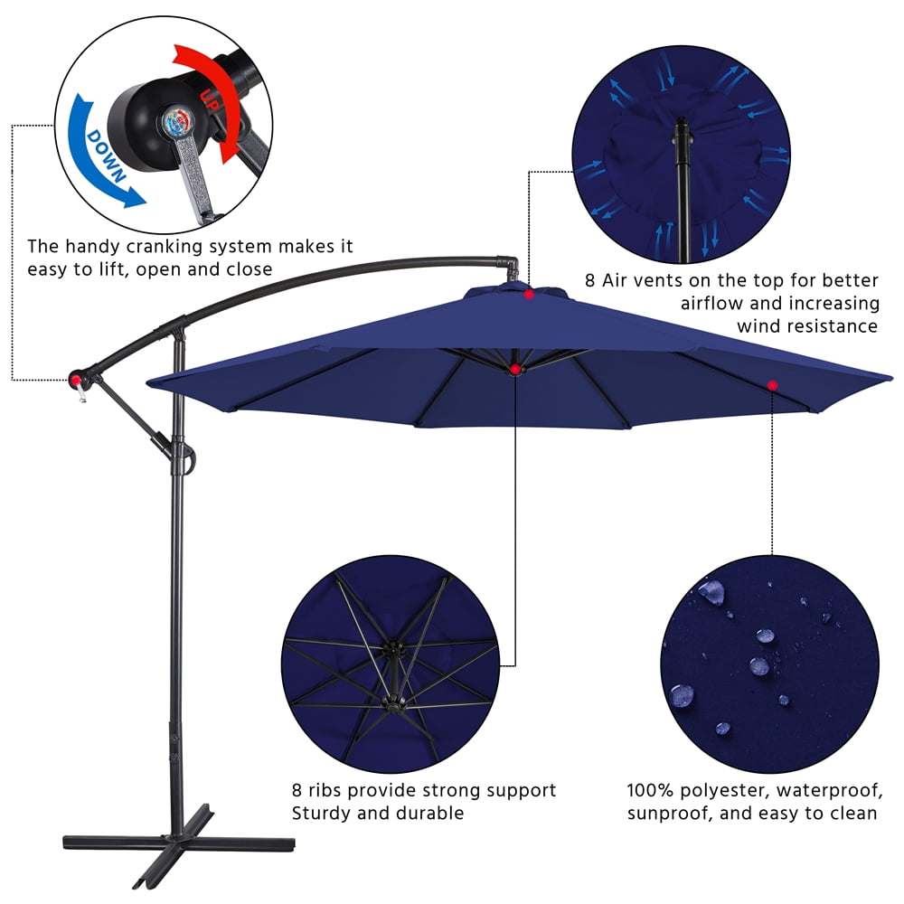 Yaheetech 10ft Hanging Patio Offset Umbrella with Crank & Cross Base, Navy Blue