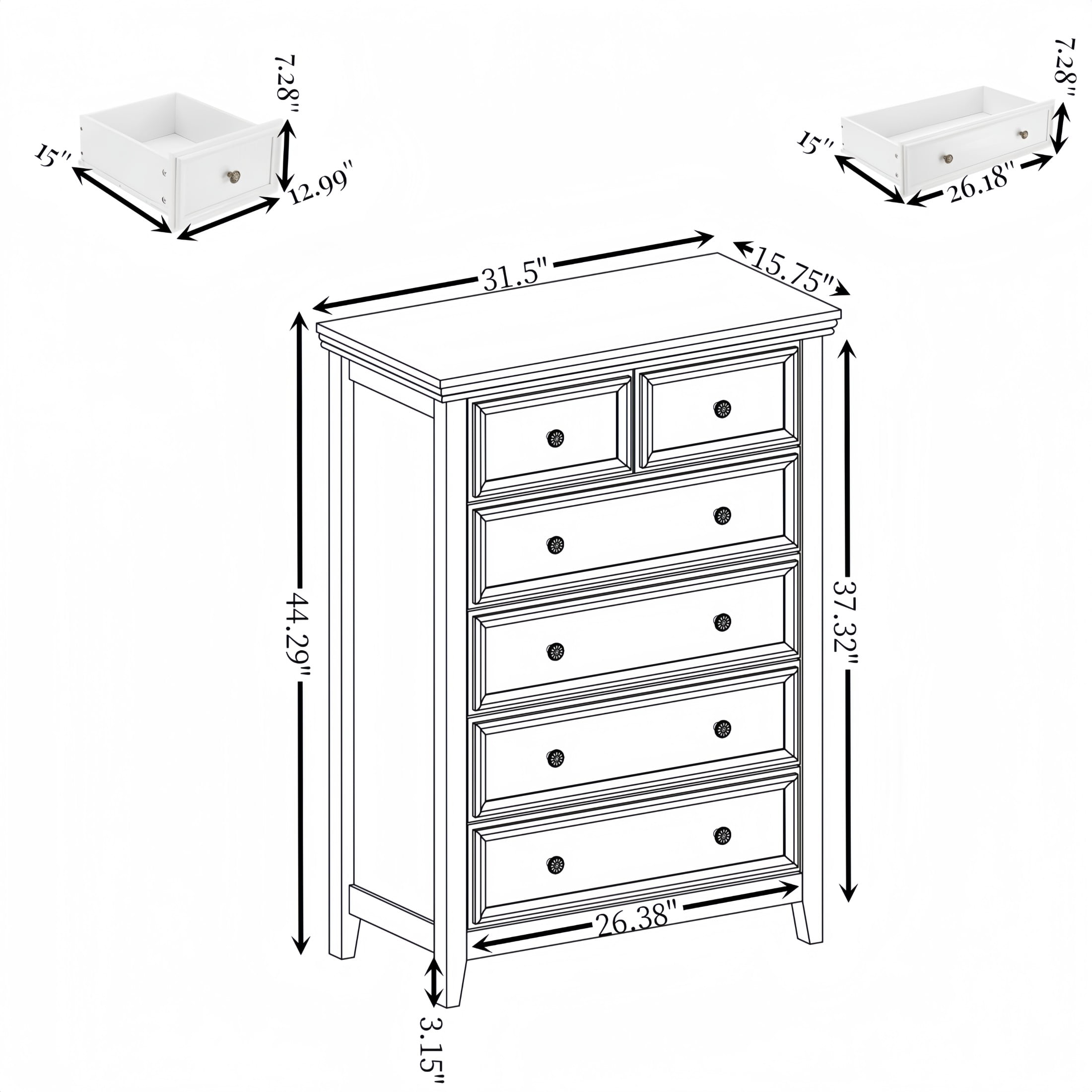 Noble House Eldune Farmhouse 6-Drawer Dresser, Tall Clothes Storage Chest Organizer, for Bedroom, Hallway, White