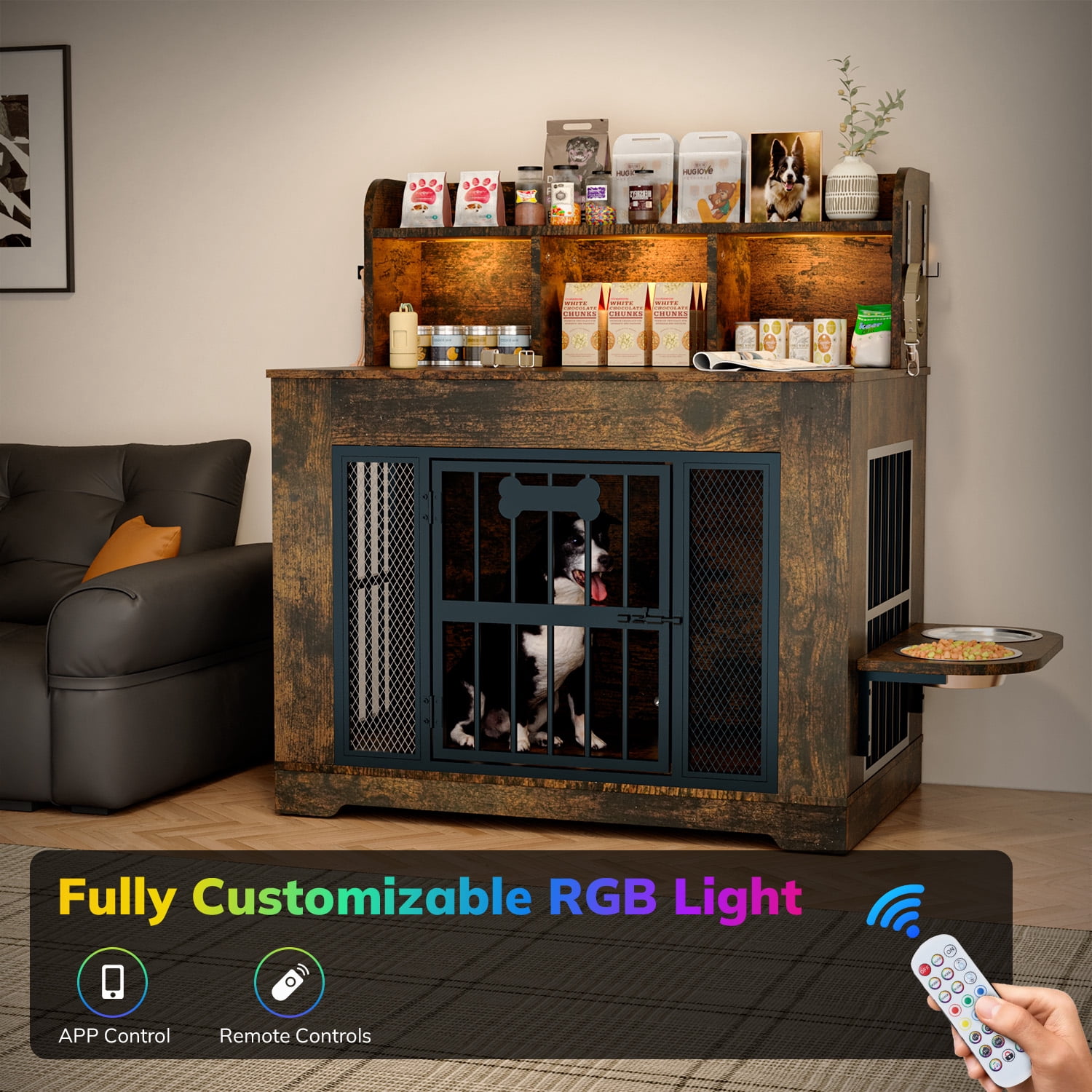Behost 34" Dog Crate Furniture for Small /Medium Dogs with LED Light Feeding Bowls, Dual-Layer Storage, Decorative Dog Kennel for Indoor ,Rustic Brown