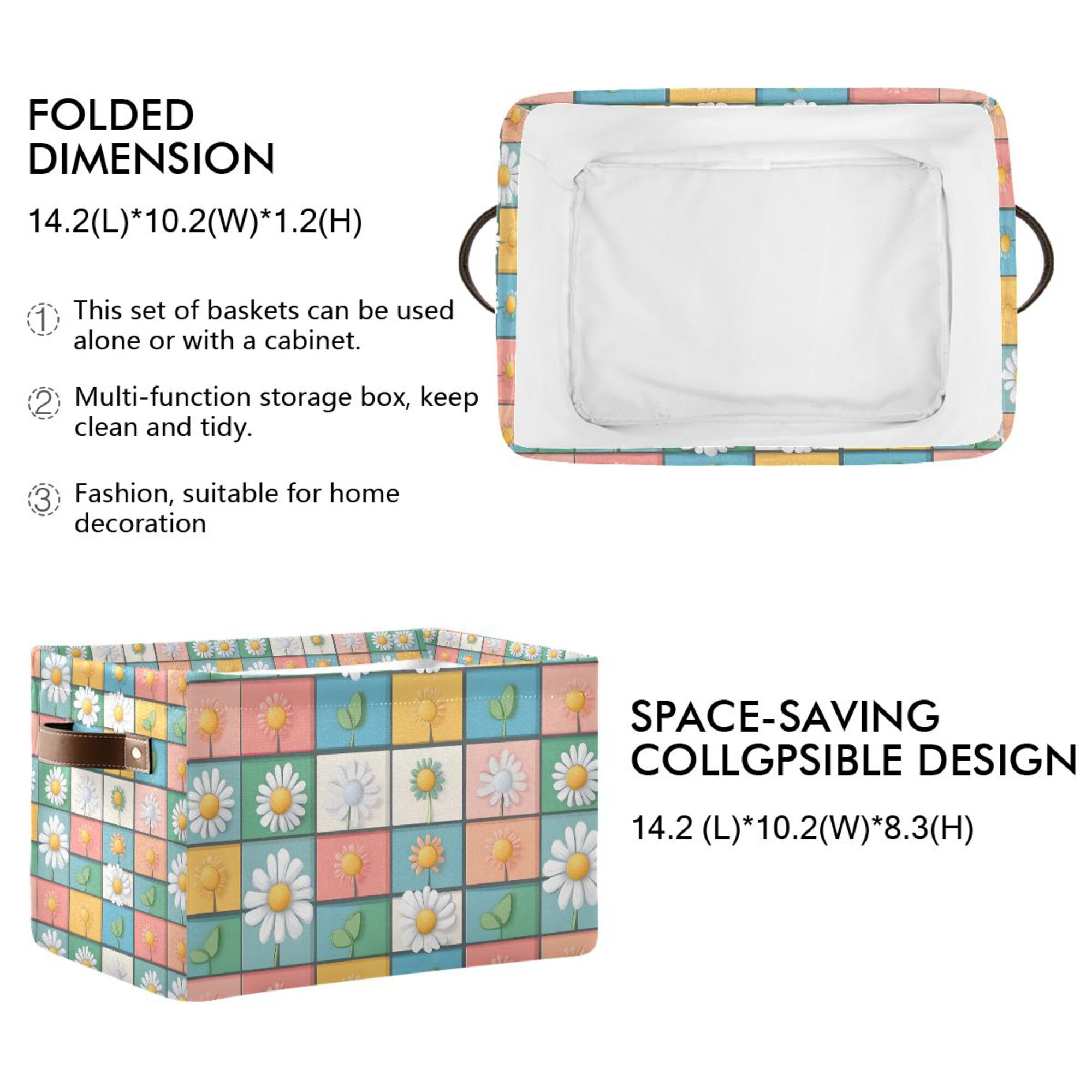 Yayeee Canvas Storage Basket with Handles for Shelves Fabric Bins Closet Organizer, Daisy Mosaic