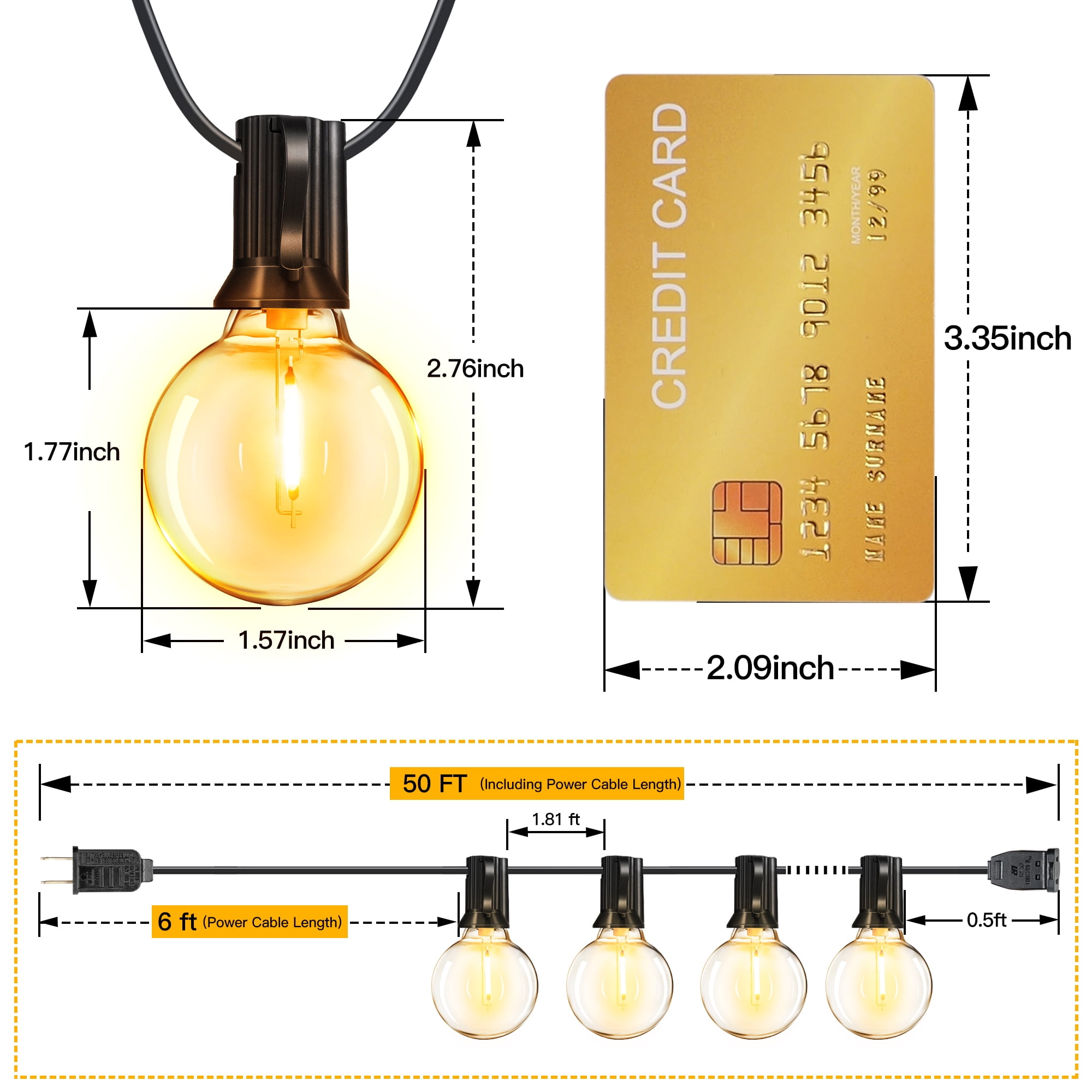 Ollny 50FT LED String Lights Outdoor, Waterproof Patio LED Lights with 27 G40 Edison Bulbs, Warm-white Outside Lights for Garden Bistro Backyard