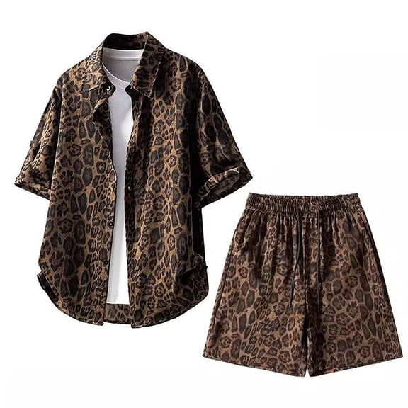 CONFREE Mens 2 Peice Shorts Sets Casual Men's Summer Outfits Set Leopard Y2K Buttons Shirts Shorts Streetwear Track Suit for Men