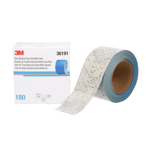3M Hookit Blue Abrasive Sheet Roll 321U, 36191, 180, 2.75 in x 13 yd, Multi-hole