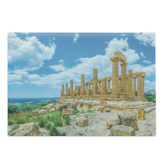 Sicily Cutting Board, Building of Juno Photo with Cloudy Sky Historical Roman Heritage, Decorative Tempered Glass Cutting and Serving Board, in 3 Sizes, by Ambesonne