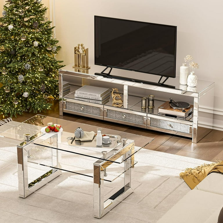 IKIFLY Mirrored TV Stand for 65 inch TV Silver Entertainment Center with 3 Drawers 2 Open Storage for Living Room TV Console Table with Crushed