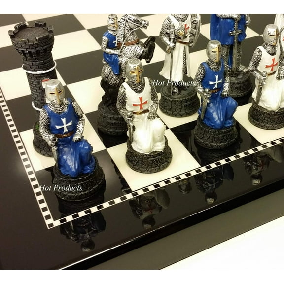 Medieval Times Crusade BLUE WHITE Maltese Knight CHESS SET 15" BLACK WHITE Board